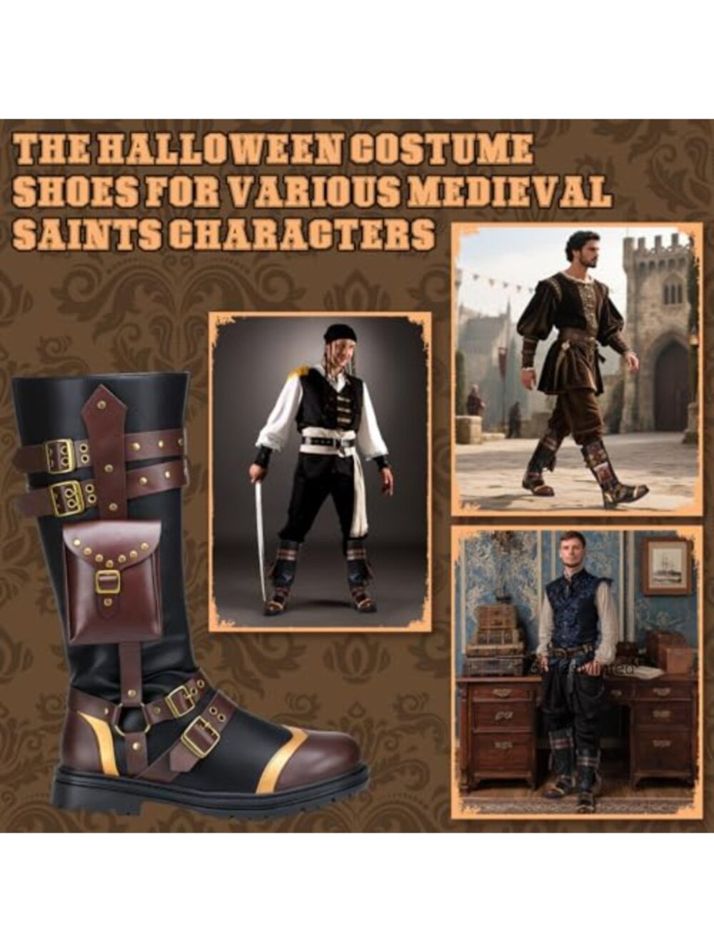 Men's Renaissance Steampunk Boots Faux Leather Costume Boots - Picture 5 of 6